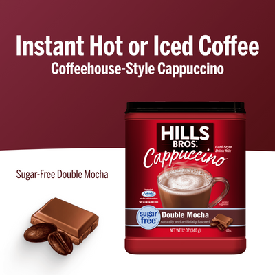 Hills Bros. Cappuccino Sugar-Free Double Mocha Instant Cappuccino Mix with a coffee cup, chocolate pieces, and beans. Enjoy hot or iced for a coffeehouse-style experience anytime—sugar-free and easy to prepare.