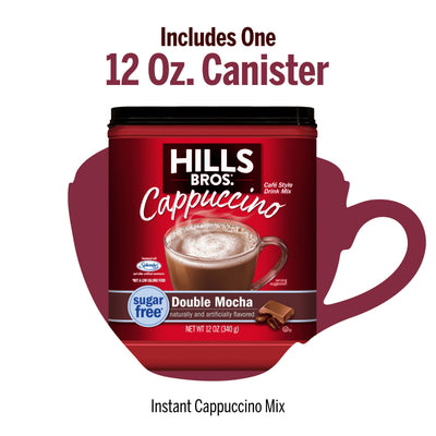A 12 oz canister of Hills Bros. Cappuccino Sugar-Free Double Mocha - Instant Cappuccino Mix is shown, featuring a cup of sugar-free cappuccino and a piece of chocolate on the label.