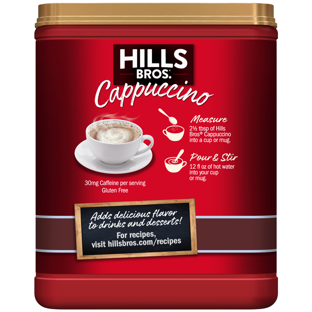 A red container of Hills Bros. Cappuccino Sugar-Free Double Mocha Instant Cappuccino Mix with 0g sugar, prep instructions, a cappuccino cup image, and a website link for recipes featured on the front.