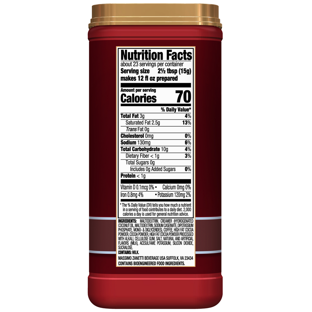 Close-up of a label showing nutrition facts for Hills Bros. Cappuccino Sugar-Free Double Mocha Instant Cappuccino Mix, listing 70 calories per serving and other nutritional info in black text on a white background.