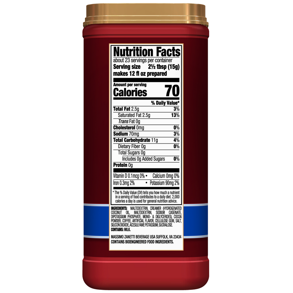The back of a red container of Hills Bros. Cappuccino Sugar-Free French Vanilla Instant Cappuccino Mix shows a nutrition facts label with serving size, calories, daily values, and ingredients for this creamy vanilla powdered beverage.