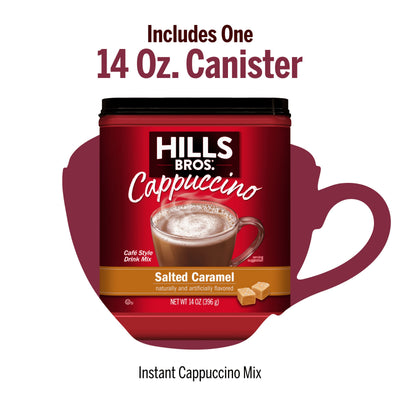 A 14 oz canister of Hills Bros. Cappuccino Salted Caramel - Instant Cappuccino Mix is shown, highlighting its creamy caramel flavor and stating "Includes One 14 Oz. Canister.