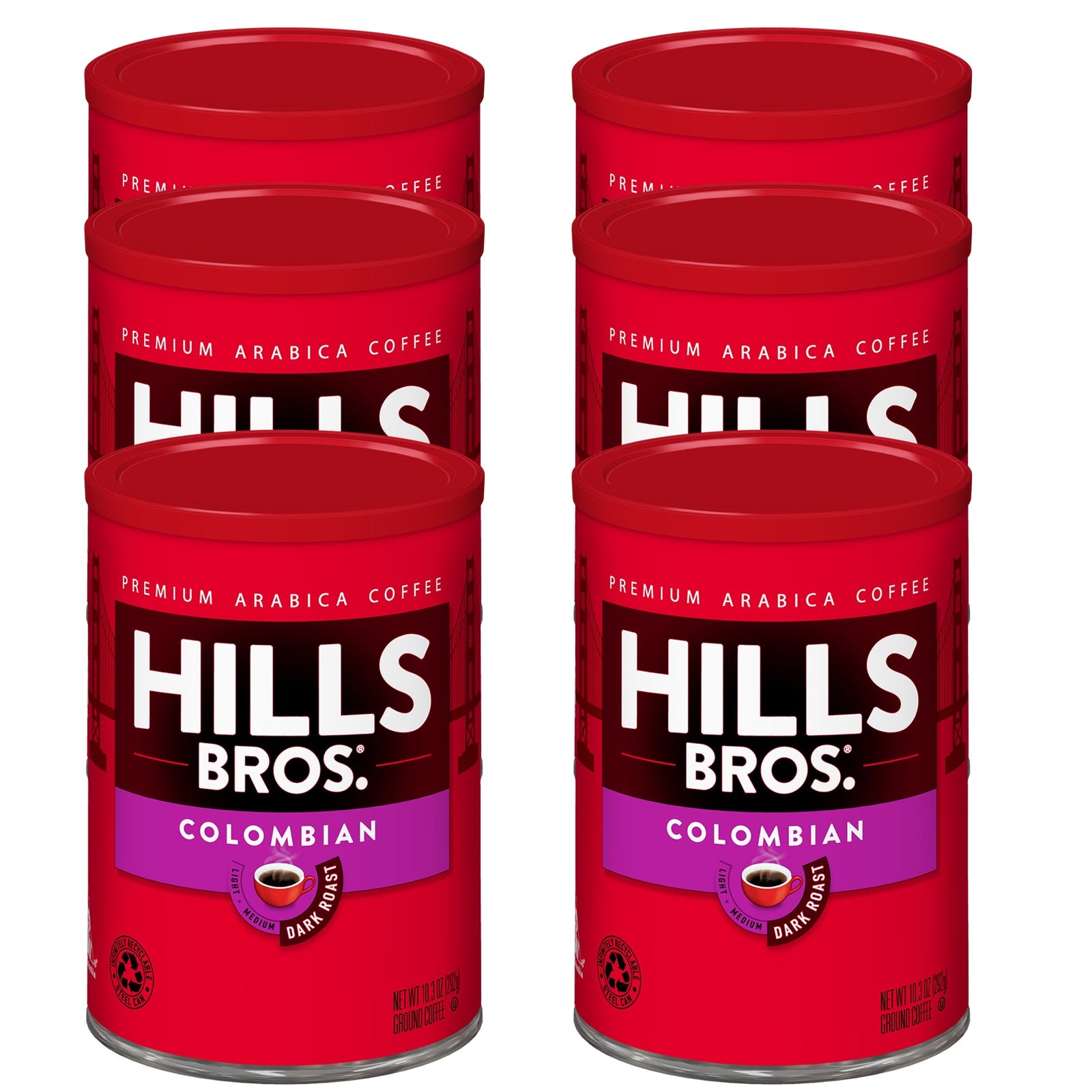 Six cans of Hills Bros. Coffee Colombian Dark Roast Ground, featuring red lids and red-purple labels, are arranged in two rows of three.