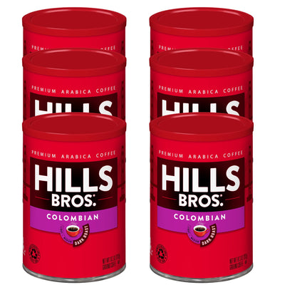 Six cans of Hills Bros. Coffee Colombian Dark Roast Ground, featuring red lids and red-purple labels, are arranged in two rows of three.