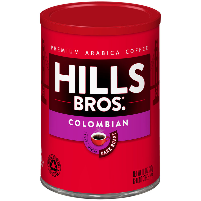 A can of Hills Bros. Coffee Colombian - Dark Roast - Ground, with a red label and white text, features premium arabica beans, a steaming cup, and the Golden Gate Bridge in the background.