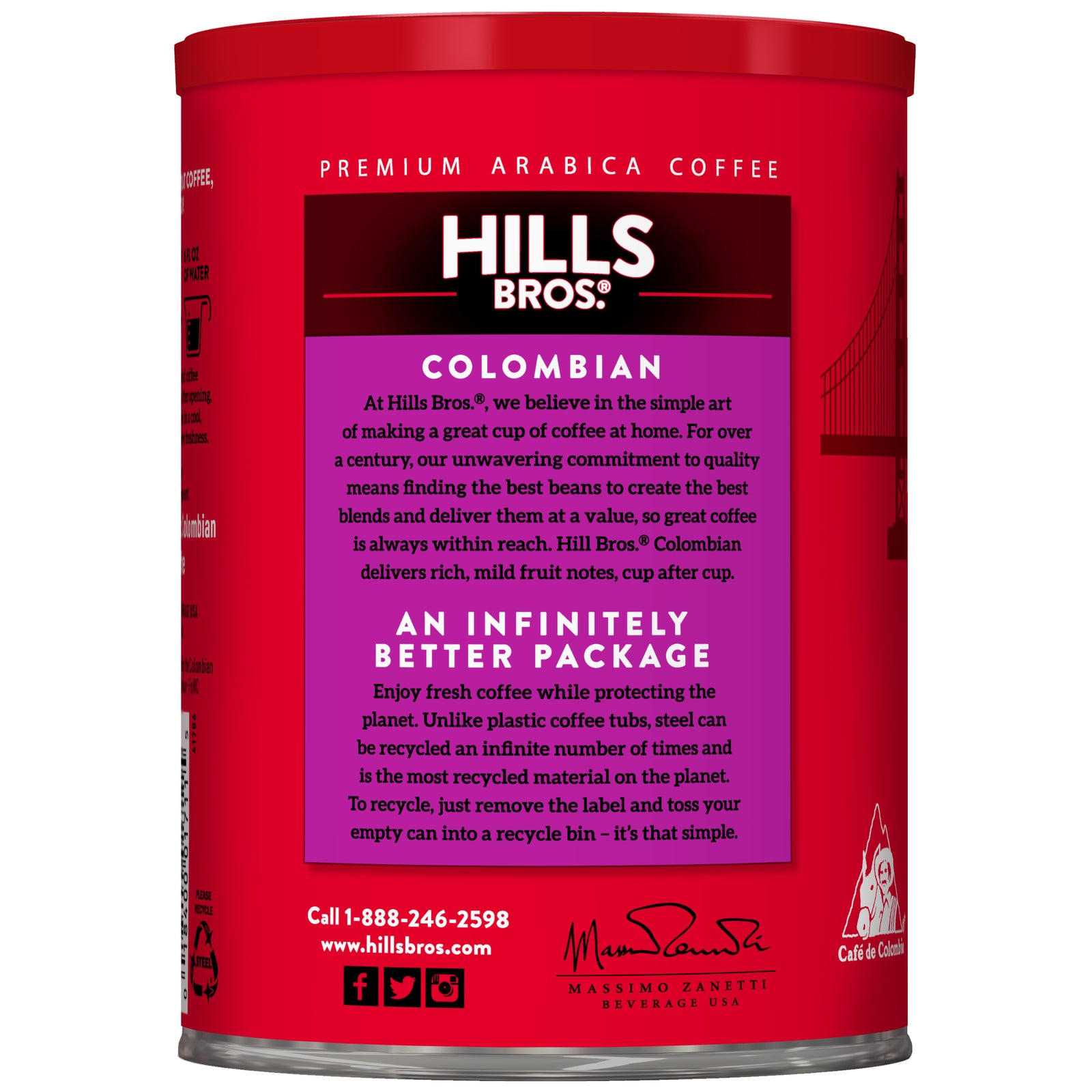 A red canister of Hills Bros. Coffee Colombian Dark Roast Ground displays product details, recycling info, and brand contact info on the label.