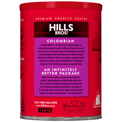 A red canister of Hills Bros. Coffee Colombian Dark Roast Ground displays product details, recycling info, and brand contact info on the label.