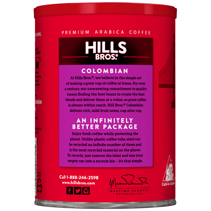 A red canister of Hills Bros. Coffee Colombian Dark Roast Ground displays product details, recycling info, and brand contact info on the label.