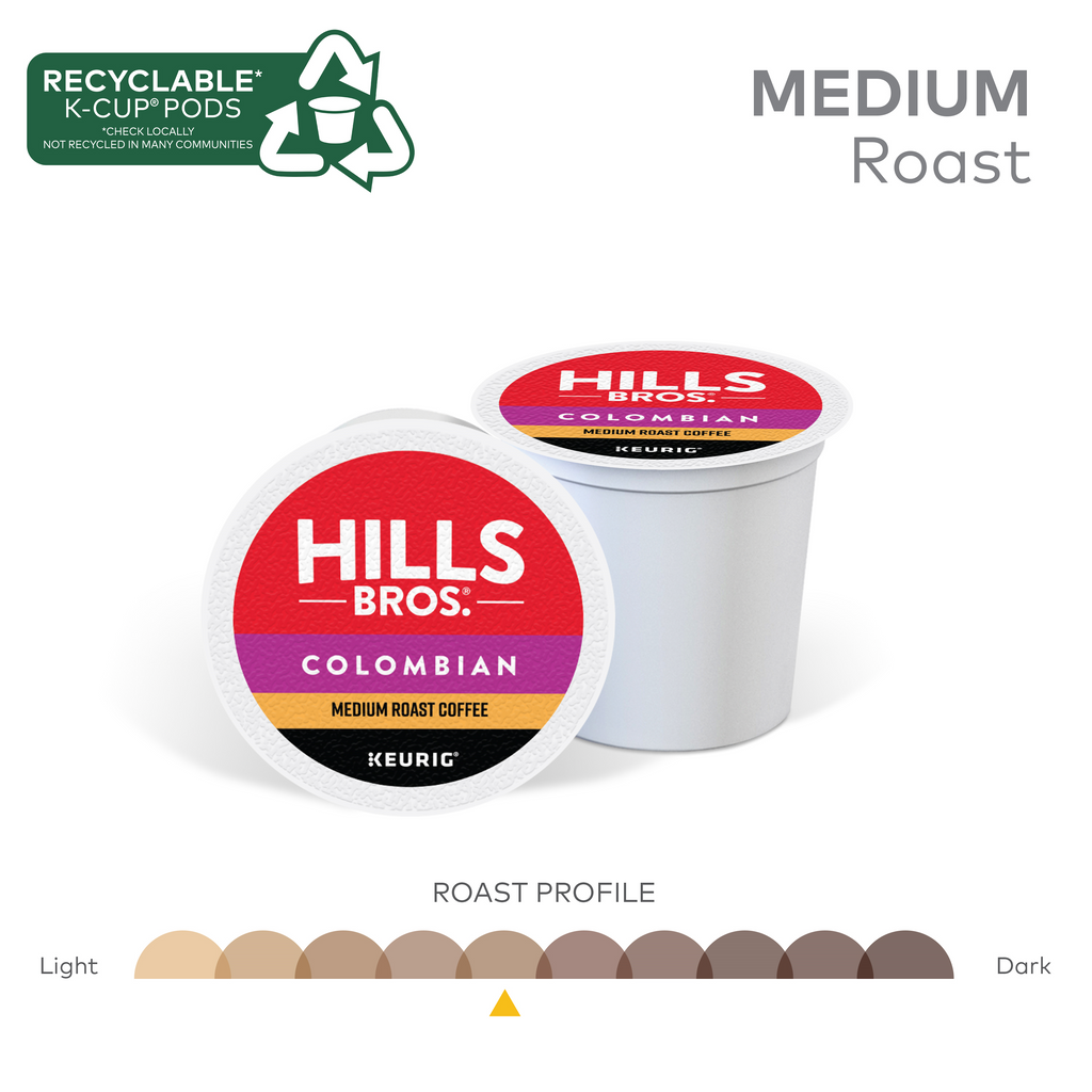 Hills Bros. Coffee's Colombian - Medium Roast K-Cup® Pods are crafted with Arabica beans, featuring a recyclable label and showcasing a medium roast profile beneath the graphic.