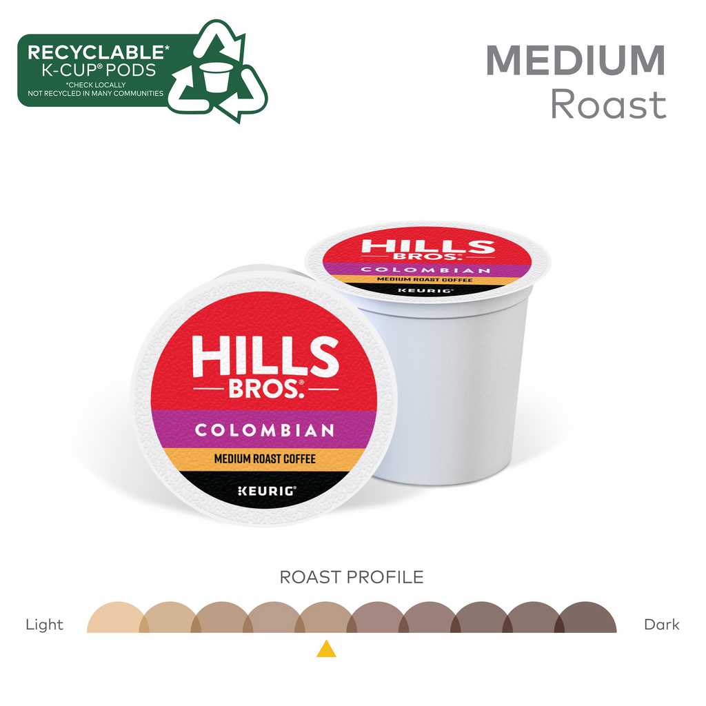 Image of Hills Bros. Coffee's Colombian - Medium Roast K-Cup® Pods with recyclable logo, showcasing the roast profile indicator set to medium for a rich 100% Arabica bean flavor.