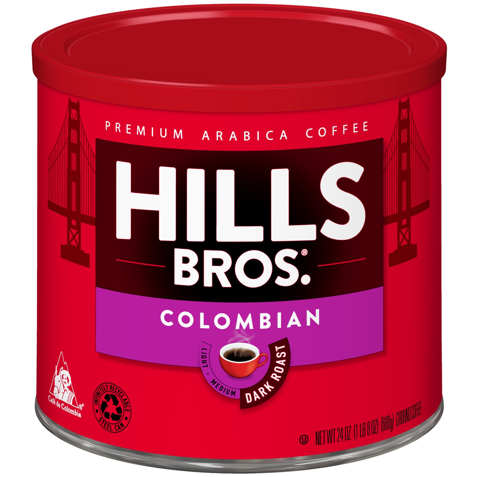 A 24.2 oz red can of Hills Bros. Coffee Colombian Dark Roast Ground, made with premium Arabica beans and featuring a Golden Gate Bridge illustration.
