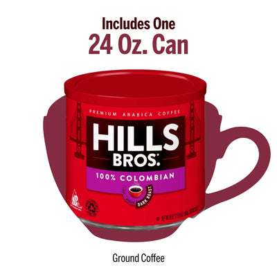 A 24 oz. can of Hills Bros. Coffee 100% Colombian Dark Roast Ground is featured with a maroon coffee cup silhouette in the background. Text above reads “Includes One 24 Oz. Can.”.