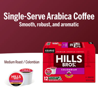Box of Hills Bros. Coffee Colombian - Medium Roast K-Cup® Pods, made with 100% Arabica beans; includes one pod shown next to the box. For Keurig brewers; features recyclable cups.