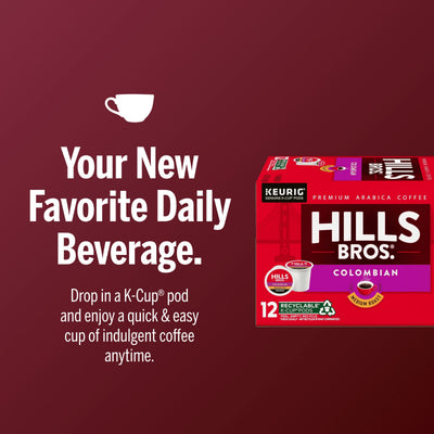 Hills Bros. Coffee Colombian Medium Roast K-Cup® Pods deliver a quick, easy cup with rich Arabica beans for smooth, satisfying flavor every day.