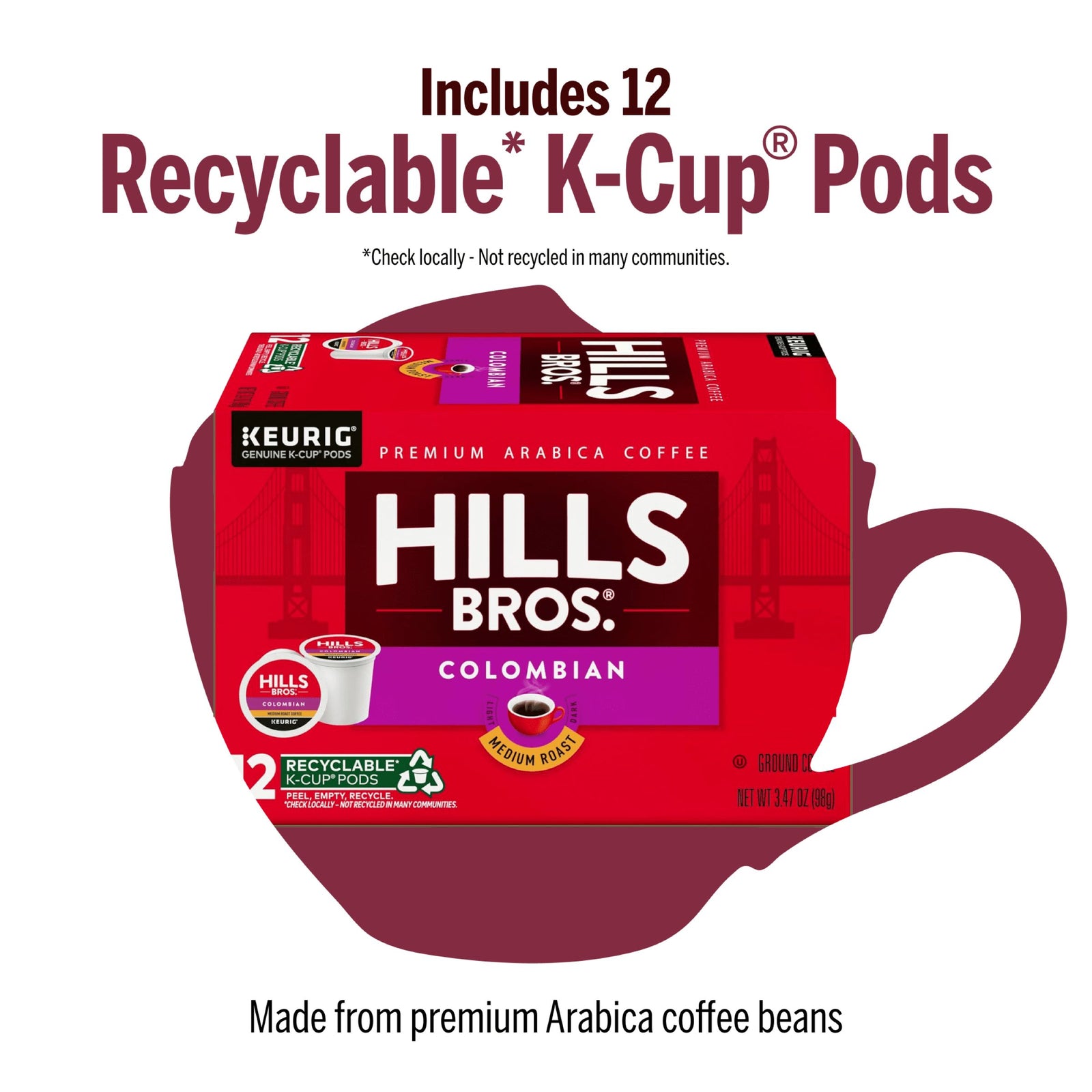 Hills Bros. Coffee Colombian - Medium Roast K-Cup® Pods, 12-count, in a red box with recyclable pods; premium Arabica beans deliver rich flavor, all inside a coffee cup silhouette.