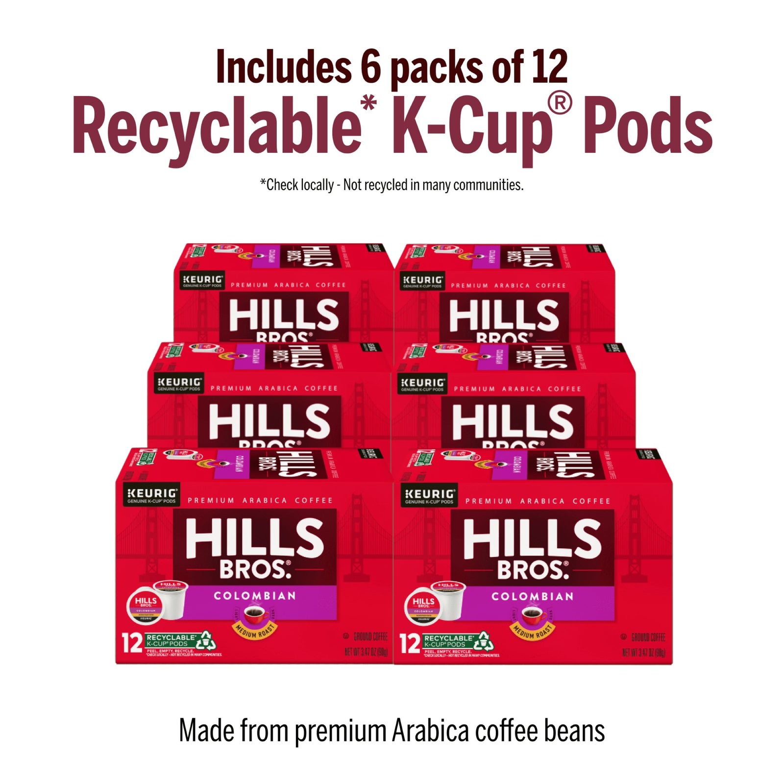 Enjoy six boxes of Hills Bros. Coffee Colombian - Medium Roast K-Cup® Pods, each offering 12 recyclable pods made from premium Arabica beans—bold flavor and eco-friendly packaging in every cup.