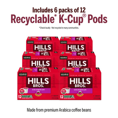 Enjoy six boxes of Hills Bros. Coffee Colombian - Medium Roast K-Cup® Pods, each offering 12 recyclable pods made from premium Arabica beans—bold flavor and eco-friendly packaging in every cup.