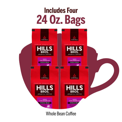 Four 24 oz. bags of Hills Bros. Coffee are shown, each filled with 100% Colombian Medium Roast Whole Bean Premium Arabica for a rich, satisfying brew every time.
