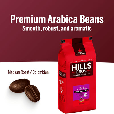 A red bag of Hills Bros. Coffee 100% Colombian Medium Roast Whole Bean—Premium Arabica—is shown beside two beans, with text highlighting its smooth, robust, and aromatic flavor.