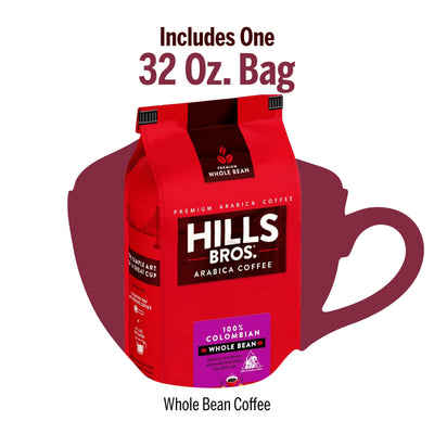 A 32 oz. bag of Hills Bros. Coffee 100% Colombian Medium Roast Whole Bean, made from premium Arabica beans, is shown against a maroon coffee cup graphic with text highlighting the product size.
