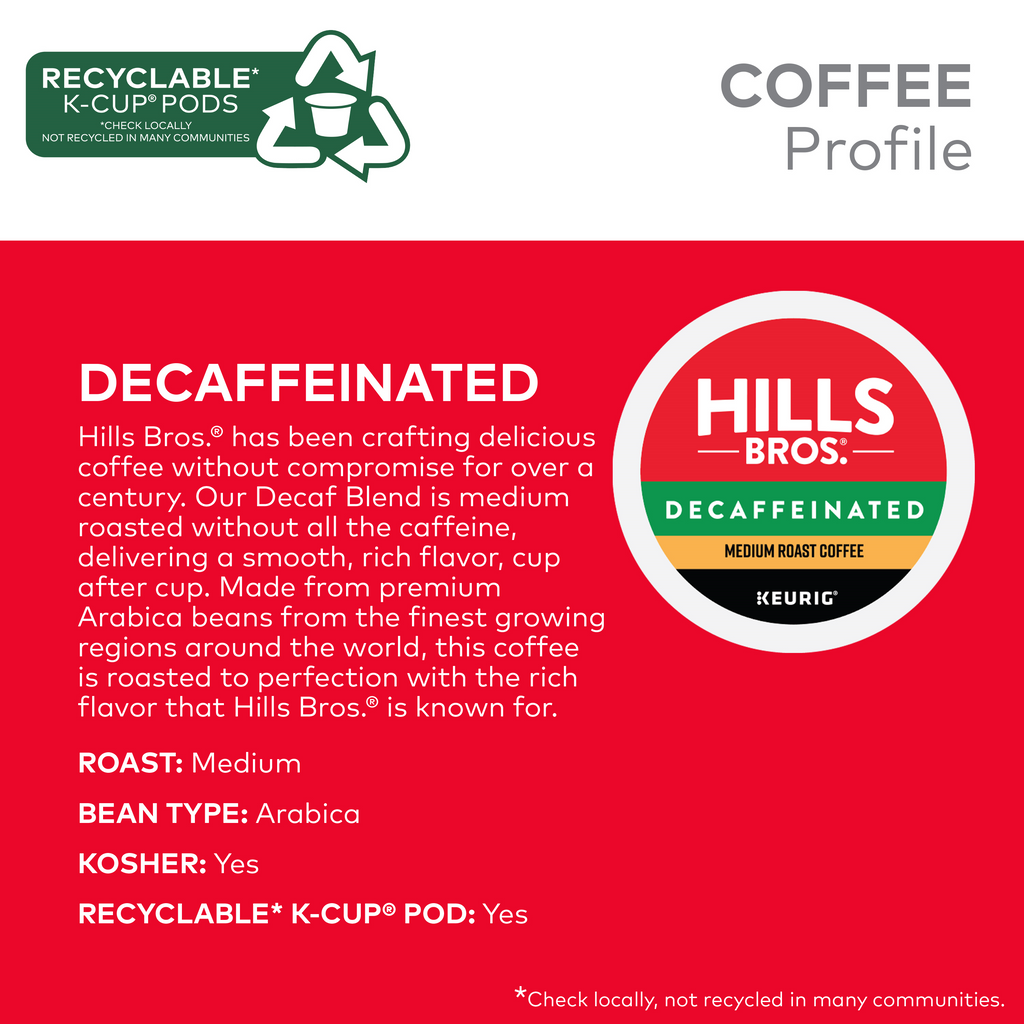 Discover Hills Bros. Coffee's Decaf Blend - Medium Roast in eco-friendly K-Cup® Pods, offering premium flavor and a commitment to sustainability and quality.