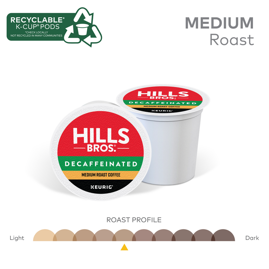 Image of a Hills Bros. Coffee Decaf Blend - Medium Roast - Keurig K-Cup® Pod displaying the roast profile scale from light to dark, crafted from premium Arabica beans. Features the recyclable K-Cup Pods logo.