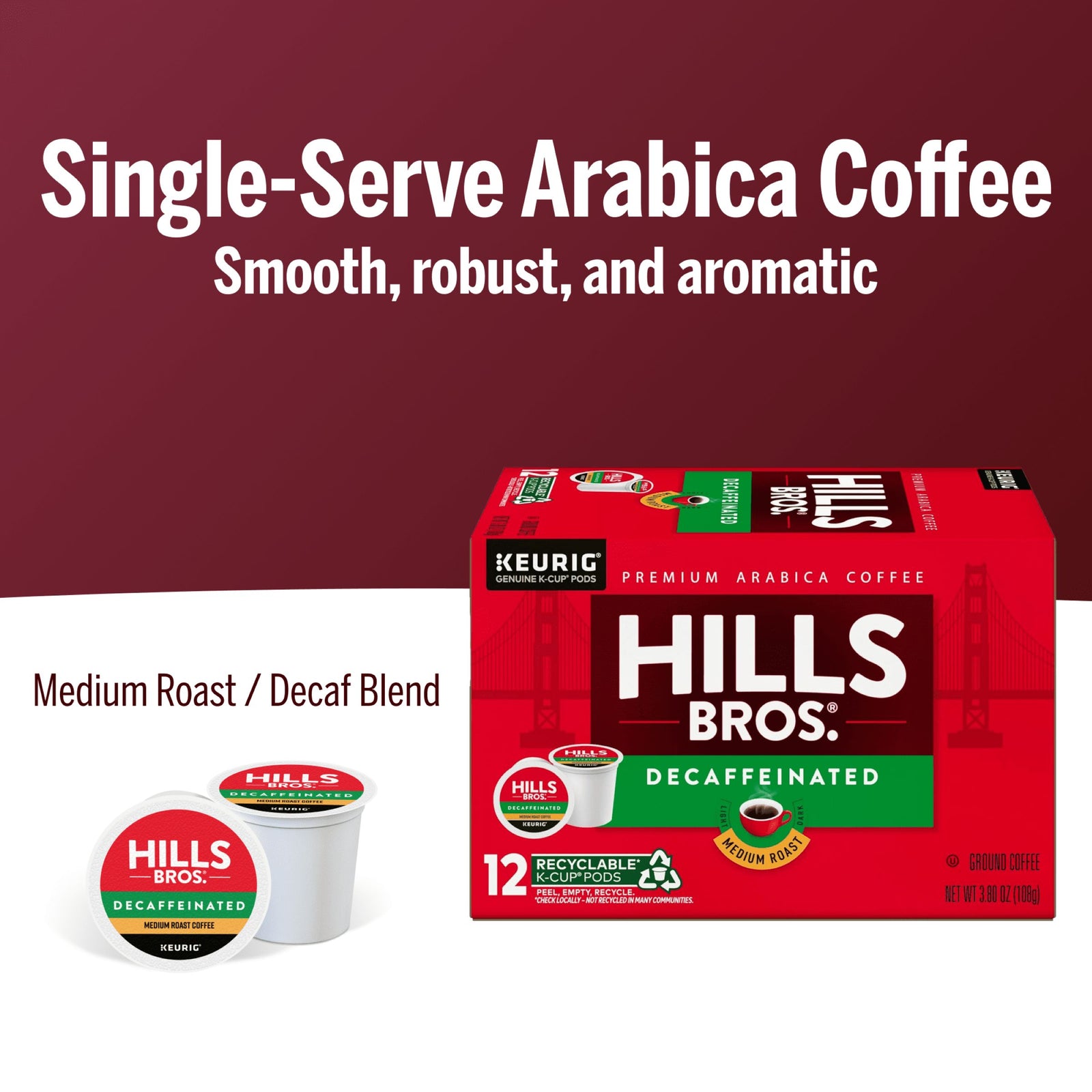 Hills Bros. Coffee Decaf Blend Medium Roast K-Cup® Pods deliver smooth, robust, aromatic decaf flavor—perfect for enjoying any time of day.