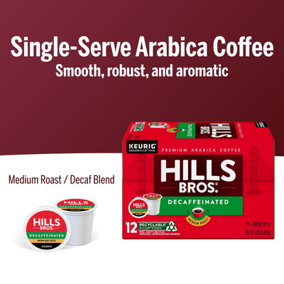 Hills Bros. Coffee Decaf Blend Medium Roast K-Cup® Pods deliver smooth, robust, aromatic decaf flavor—perfect for enjoying any time of day.