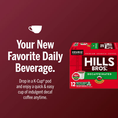 Box of Hills Bros. Coffee Decaf Blend Medium Roast K-Cup® Pods on a red background, highlighted as your new favorite daily beverage for quick, easy Arabica coffee flavor without the caffeine.