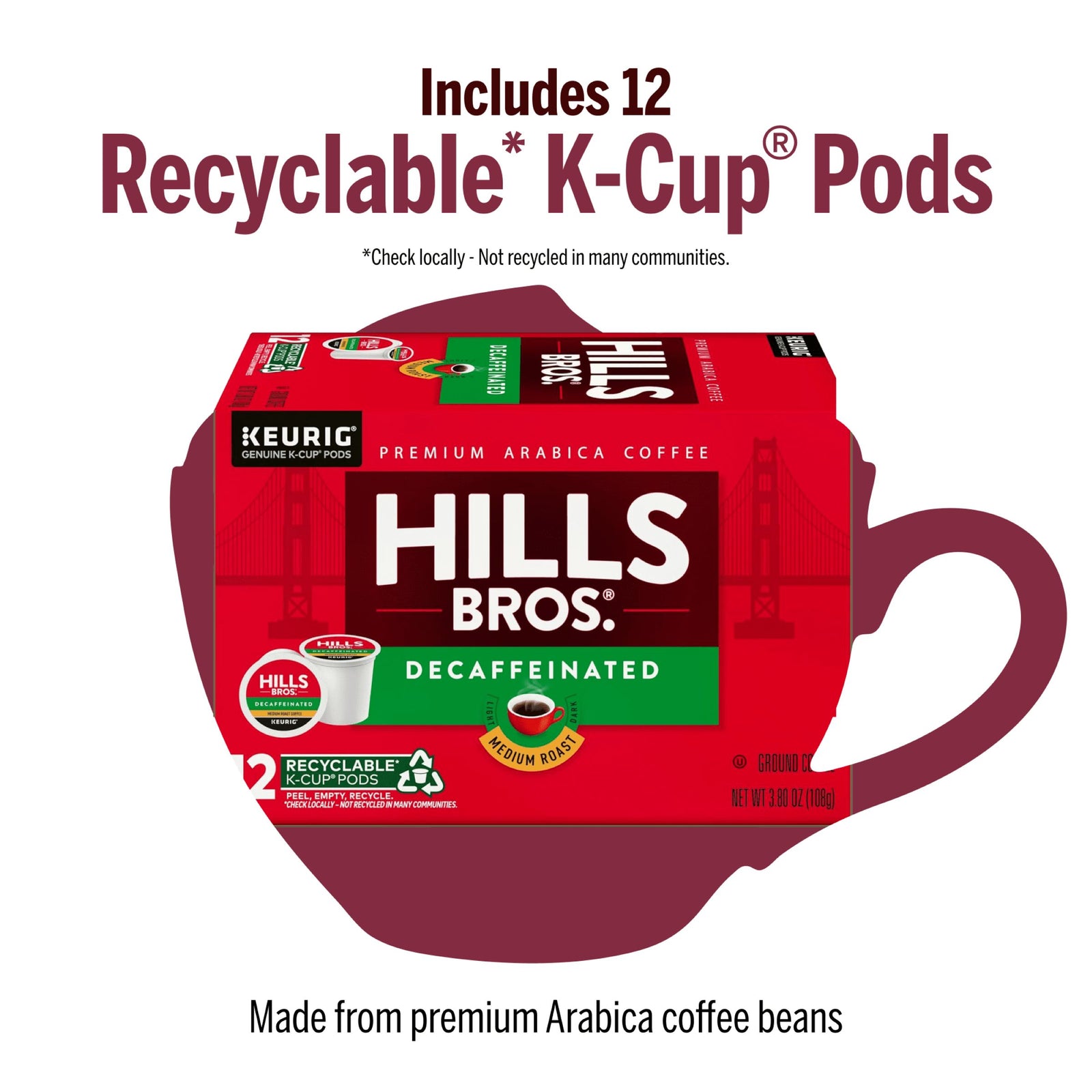 A box of Hills Bros. Coffee Decaf Blend Medium Roast K-Cup® Pods includes 12 recyclable pods, crafted from premium Arabica beans for rich, smooth flavor—without the caffeine.