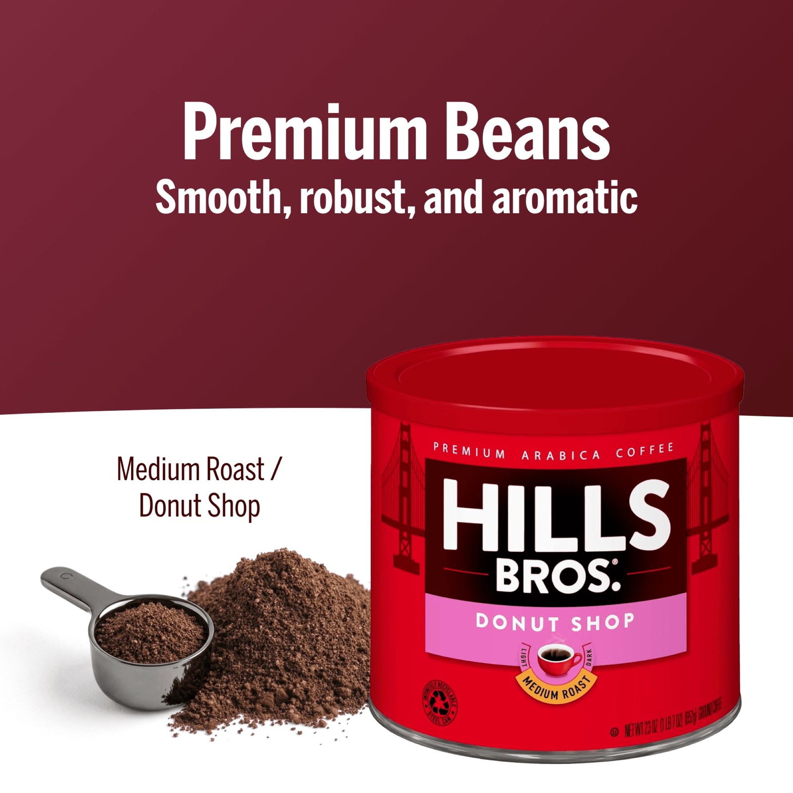 A red can of Hills Bros. Coffee Donut Shop Medium Roast, made from premium Arabica beans, sits next to a metal scoop filled with ground coffee. Text above highlights the smooth, robust aroma of this premium blend.