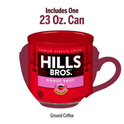 A 23 oz. can of Hills Bros. Coffee Donut Shop Medium Roast Ground Premium Arabica is shown with a coffee cup graphic in the background.