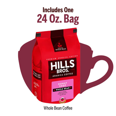 A 24 oz. bag of Hills Bros. Coffee Donut Shop Medium Roast Whole Bean, made from premium Arabica beans, is displayed in front of a maroon coffee cup graphic.
