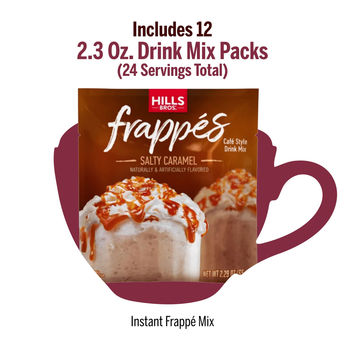 Box of Hills Bros. Frappes Frappés Salty Caramel single serve drink mix, featuring two caramel frappés topped with whipped cream and caramel drizzle—enjoy a delicious gluten free treat anytime.