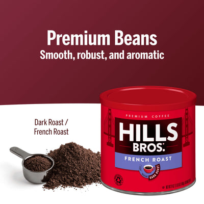 A red can of Hills Bros. Coffee French Roast - Dark Roast - Ground sits beside a metal scoop and ground coffee, with text highlighting its smooth, robust, and aromatic flavor from select beans.