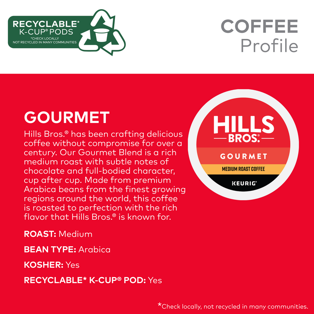 The label features a red and white design for "Gourmet Blend - Medium Roast - Keurig K-Cup® Pods" by Hills Bros. Coffee, highlighting its premium Arabica bean content. It includes details on the roast type, bean type, kosher certification, and recycling information to appeal to environmentally-conscious coffee enthusiasts.