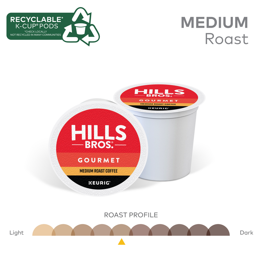 Experience the exquisite taste of Hills Bros. Coffee with our Gourmet Blend - Medium Roast Keurig K-Cup® Pods, made from premium Arabica beans. Each K-Cup comes with a recyclable label and a roast profile chart that showcases its medium roast intensity, making it ideal for those who appreciate quality in every sip.