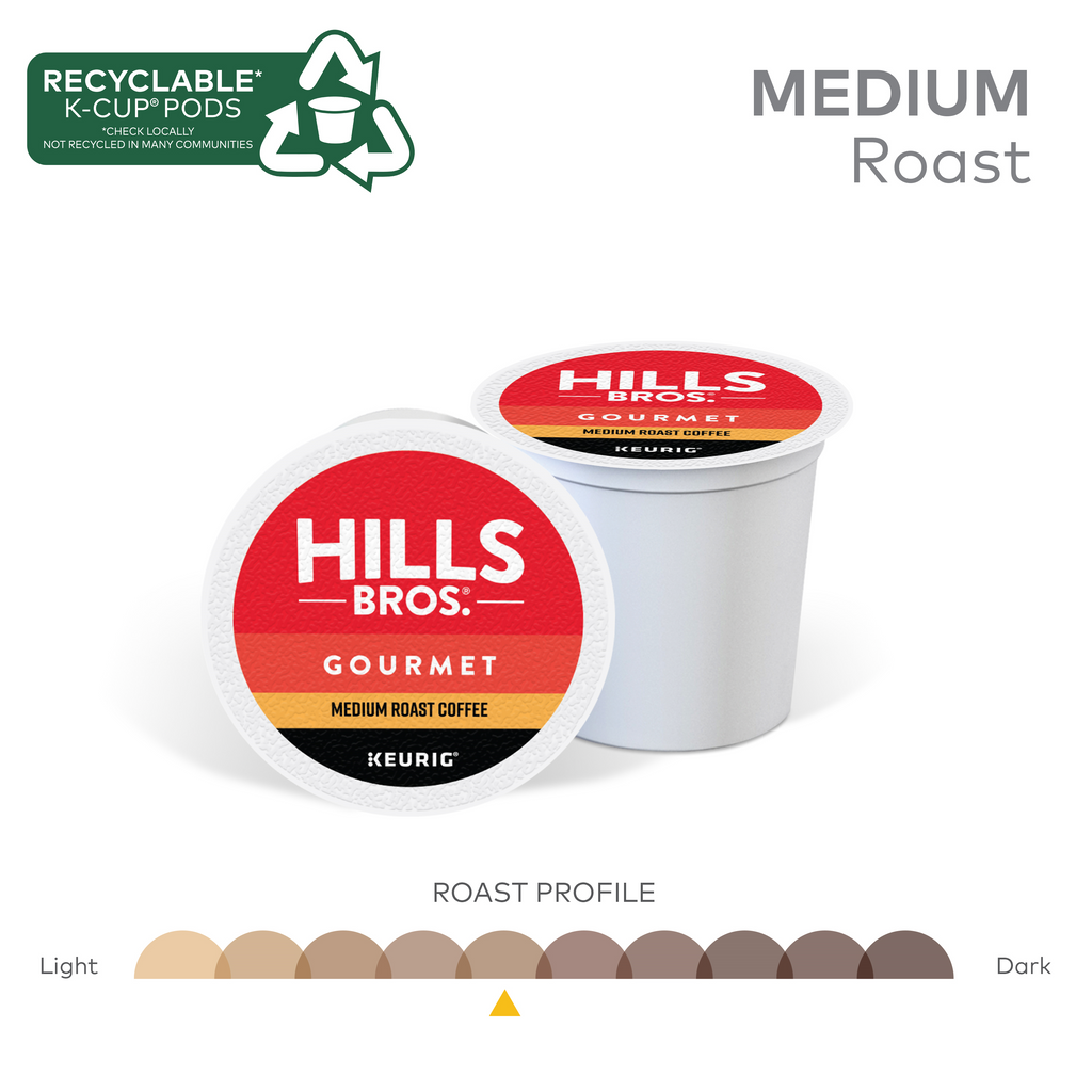 Hills Bros. Coffee Gourmet Blend - Medium Roast K-Cup® Pods are crafted from premium Arabica beans, feature recyclable packaging, and offer a perfect balance of flavors between light and dark on its roast profile scale.