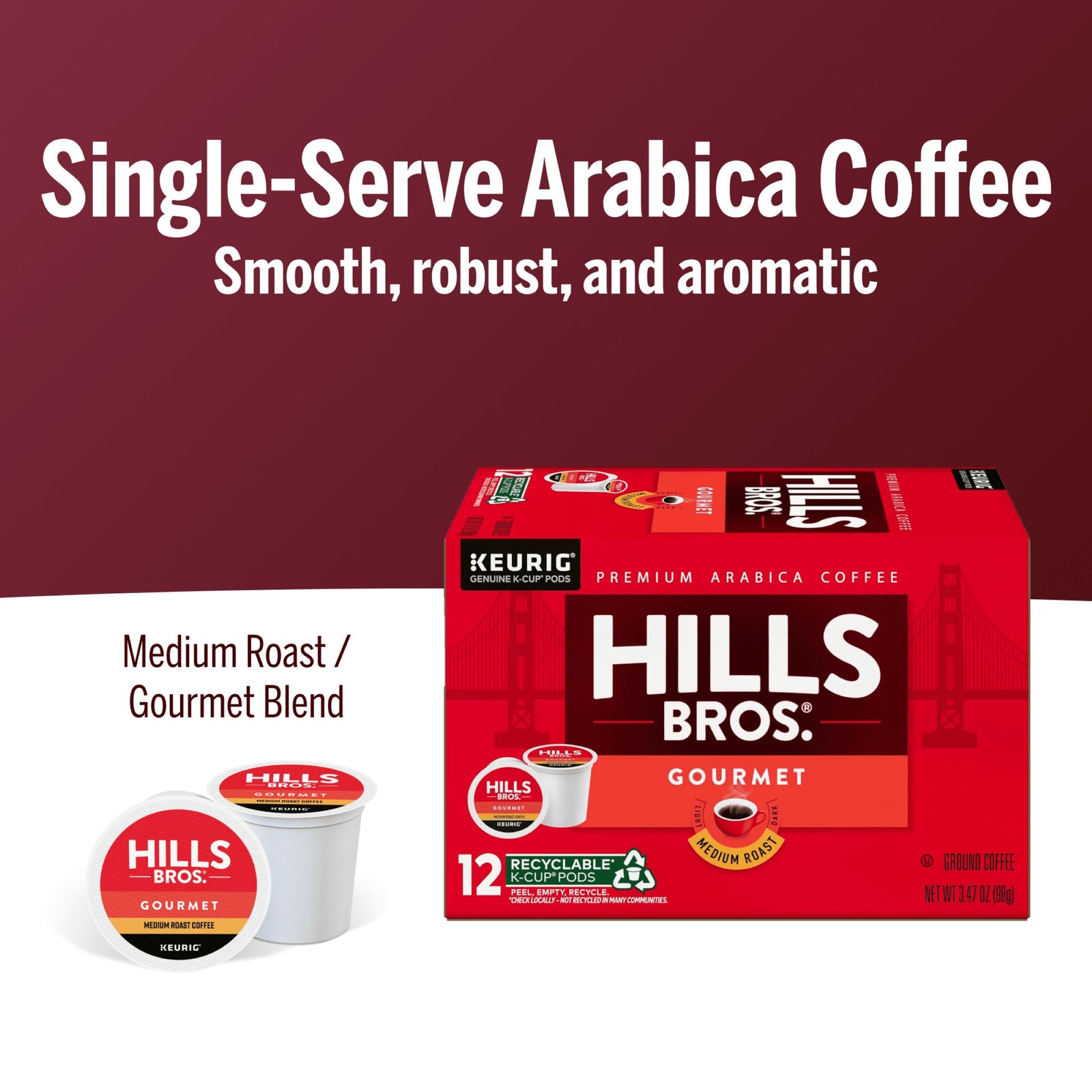 A box of Hills Bros. Coffee Gourmet Blend - Medium Roast K-Cup® Pods with two pods beside it sits against a striking red background, highlighting its premium Arabica beans and gourmet blend quality.