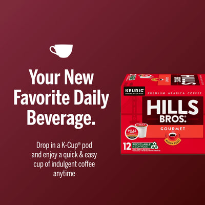 A box of Hills Bros. Coffee Gourmet Blend - Medium Roast K-Cup® Pods appears beside text highlighting it as a fast, easy daily beverage crafted with premium Arabica beans.