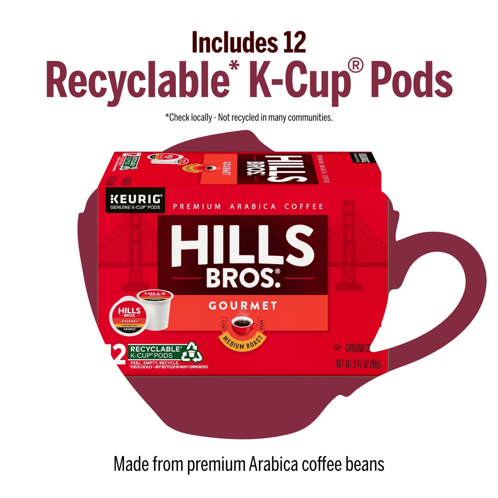 A box of Hills Bros. Coffee Gourmet Blend Medium Roast K-Cup® Pods contains 12 recyclable pods, crafted from premium Arabica beans, with product and recycling details displayed inside a coffee cup silhouette.