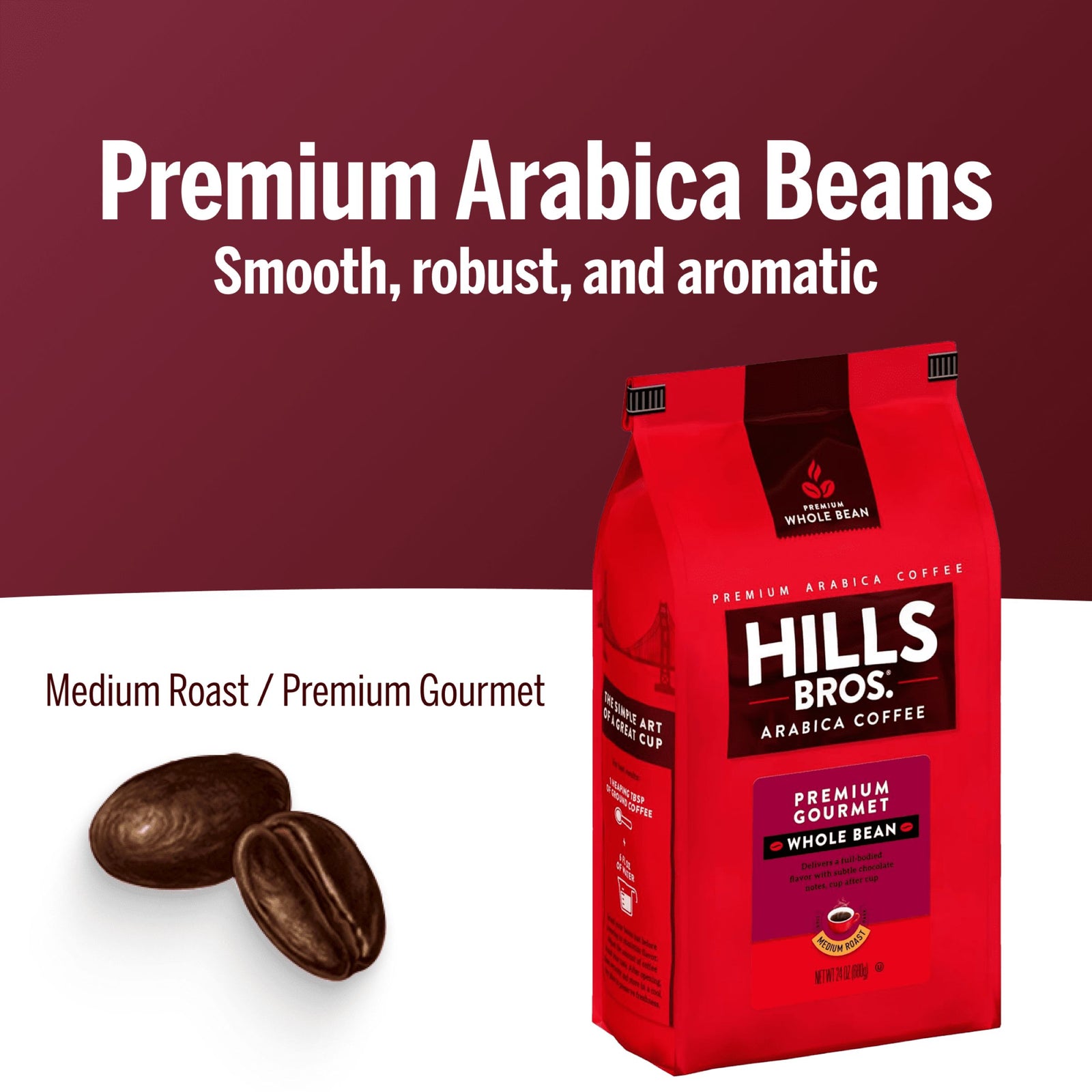 A red bag of Hills Bros. Coffee Premium Gourmet Medium Roast Whole Bean, made from premium Arabica beans, sits beside two coffee beans on a white surface. This gluten free blend delivers rich, gourmet flavor in every cup.