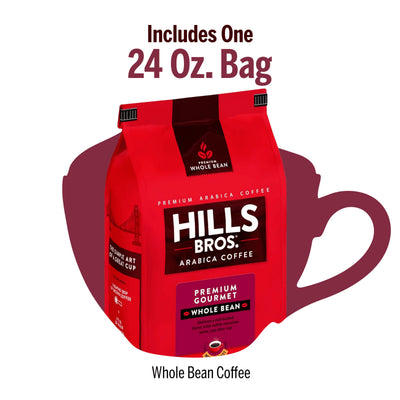 A 24 oz. bag of Hills Bros. Coffee "Premium Gourmet - Medium Roast - Whole Bean - Premium Arabica" is displayed against a coffee cup graphic background.