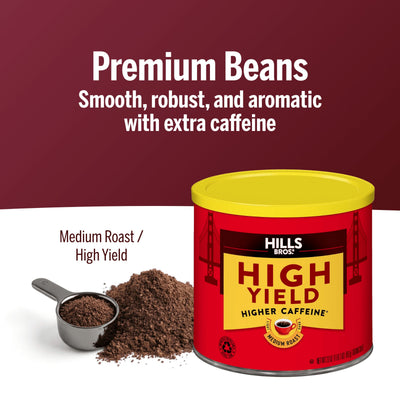 A can of Hills Bros. Coffee High Yield Medium Roast Ground is displayed beside a measuring scoop and a pile of coffee grounds.