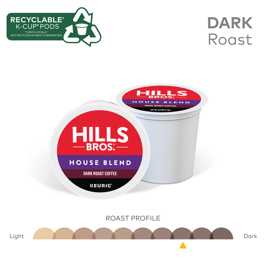 Image of Hills Bros. Coffee House Blend - Dark Roast Keurig K-Cup® Pods, made with premium Arabica beans. Features a roast profile chart and labeled as recyclable in certain communities.