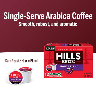 Box of Hills Bros. Coffee House Blend - Dark Roast K-Cup® Pods, 12-count, with a pod by the box. Text highlights smooth, robust, aromatic coffee.