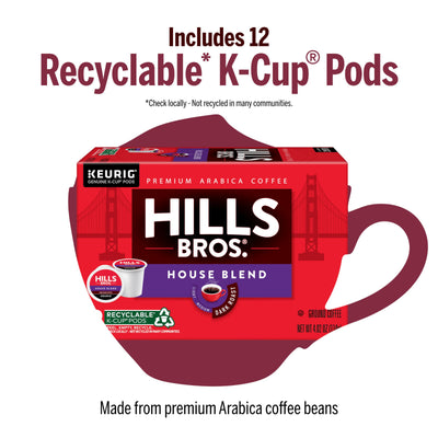 A box of Hills Bros. Coffee House Blend Dark Roast K-Cup® Pods sits in a red coffee cup graphic, emphasizing that the 12 recyclable pods are inside.