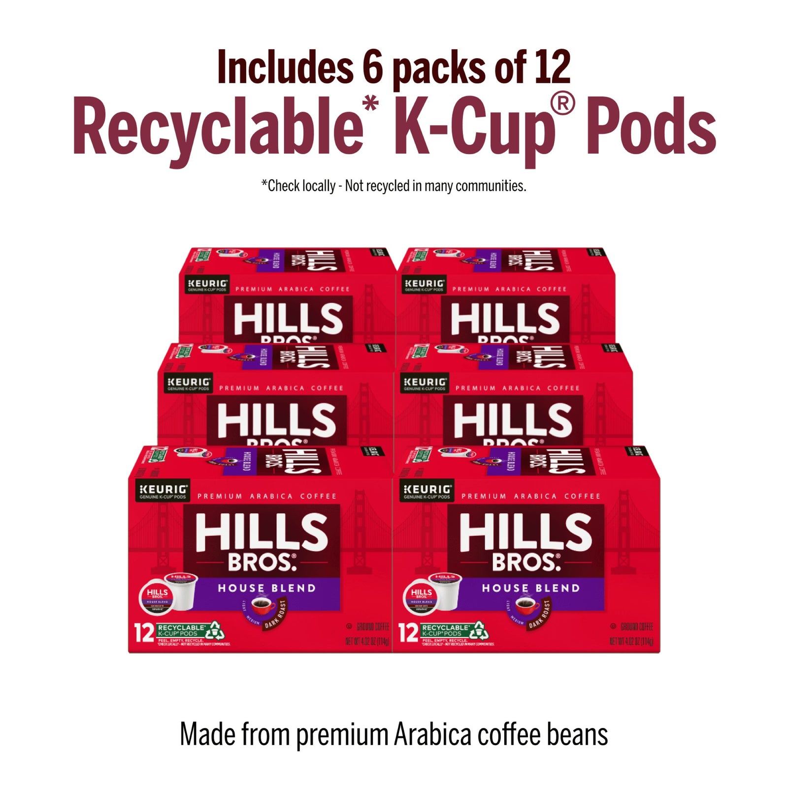 Six boxes of Hills Bros. Coffee House Blend - Dark Roast K-Cup® Pods, each with 12 recyclable pods, displayed with text noting Arabica coffee beans and recycling details.