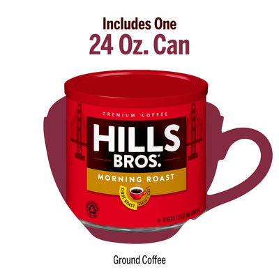 A 24 oz can of Hills Bros. Coffee Morning Roast - Light Roast - Ground is pictured with a coffee cup silhouette and the text, "Includes One 24 Oz. Can.