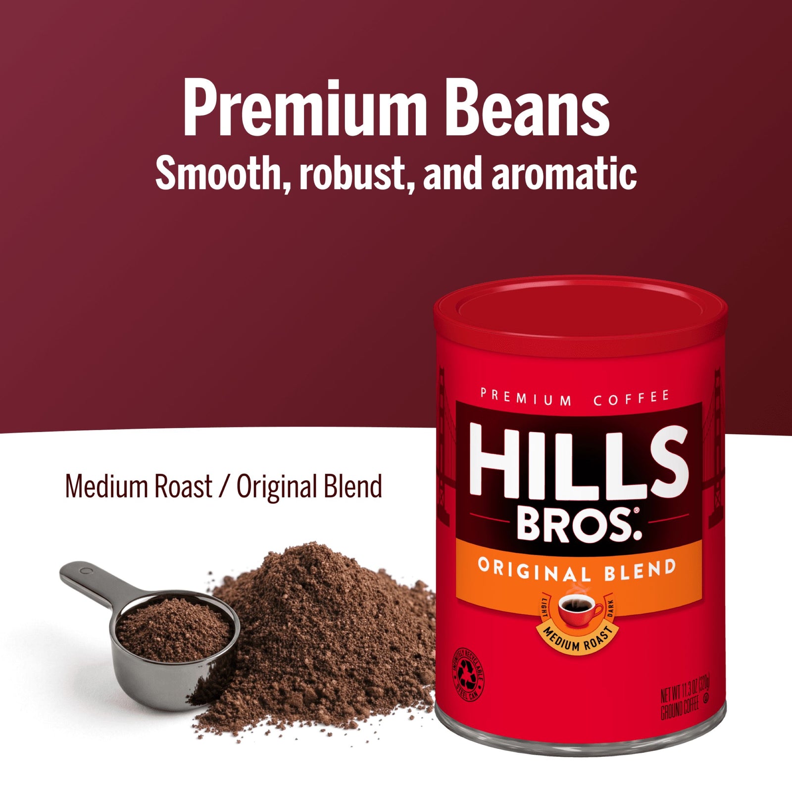 A can of Hills Bros. Coffee Original Blend Medium Roast Ground sits beside a scoop and pile of medium roast coffee on a maroon and white background with descriptive text.